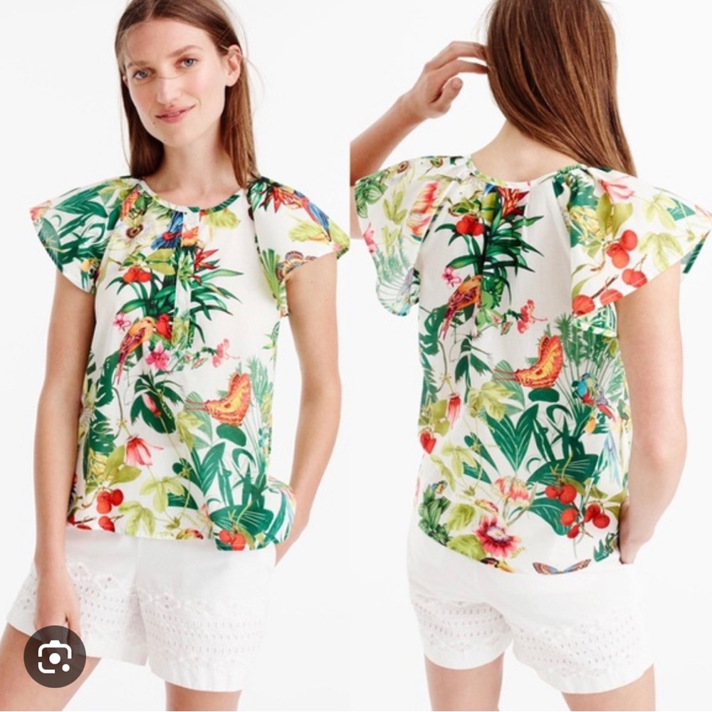J Crew floral flutter sleeve button top in lightweight cotton